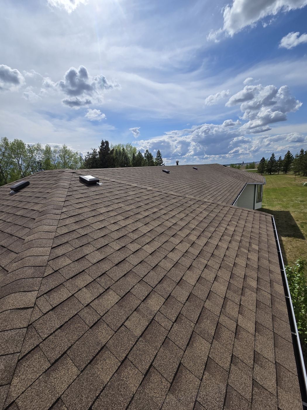 Driftwood-toned architectural shingles against open sky · Sunnybrook Roofing