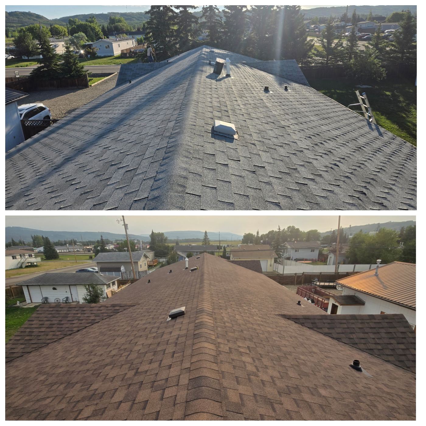 Before and after roof replacement on two Peace Region homes · Sunnybrook Roofing